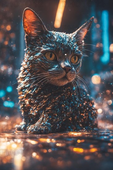 A cat covered in reflective material sits on a wet surface with bokeh lights around, ray tracing 3d sculpture, AI generated