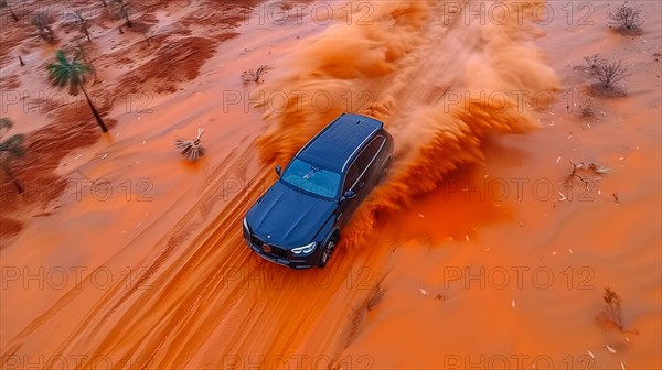 A fast-moving SUV tearing through the desert, trailing a large dust cloud, action sports photography, AI generated