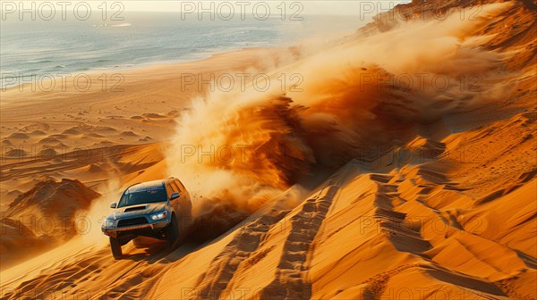 A speeding car creates a large dust cloud as it races across sand dunes, action sports photography, AI generated