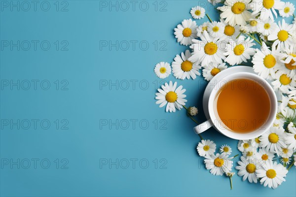 Top view of cup of chamomile tea on blue background with copy sapce. KI generiert, generiert, AI generated