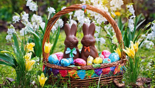 Chocolate Easter bunnies in a colourful Easter nest in the garden, symbolic Easter photo, AI generated, AI generated