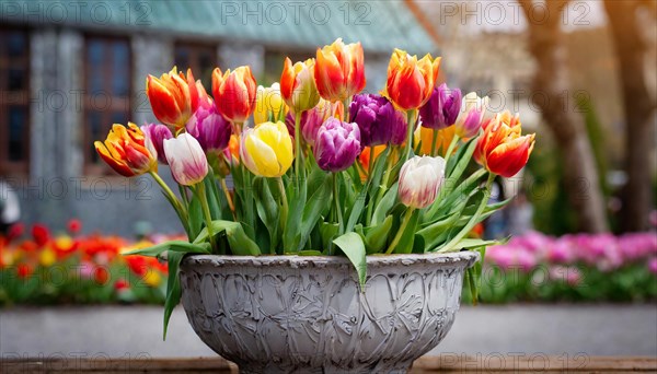 Many colourful tulips blooming in a flower pot, spring, AI generated, AI generated
