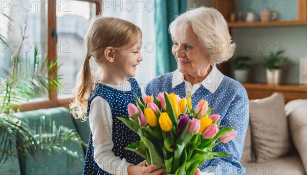 Happy smile between grandmother and granddaughter holding spring flowers, AI generated, AI generated