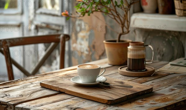 A cup of coffee with latte art on a rustic wooden table next to a ceramic pot and plant AI generated