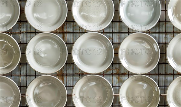 Overhead view of symmetrically arranged white plates on a clean kitchen rack AI generated