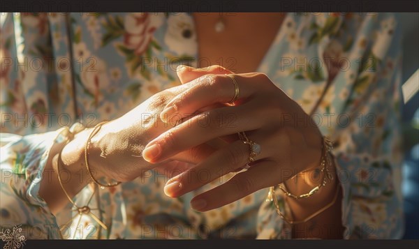 Close-up of elegant hands clasped together with jewelry, lit by warm light causing soft shadows AI generated