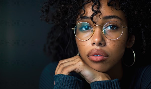 Thoughtful woman with glasses and curly hair against a dark background in a reflective pose AI generated
