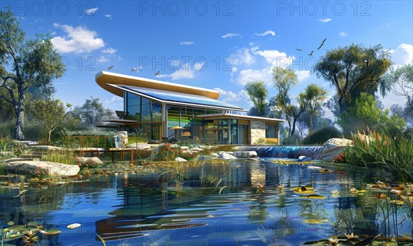 Futuristic house with extensive solar panels by a pond with clear sky above AI generated