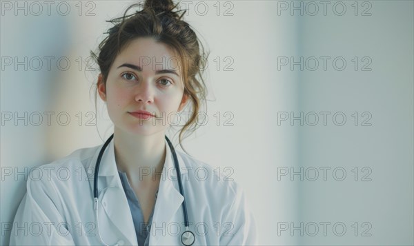 A pensive medical practitioner stands against a plain backdrop, dressed in white coat AI generated