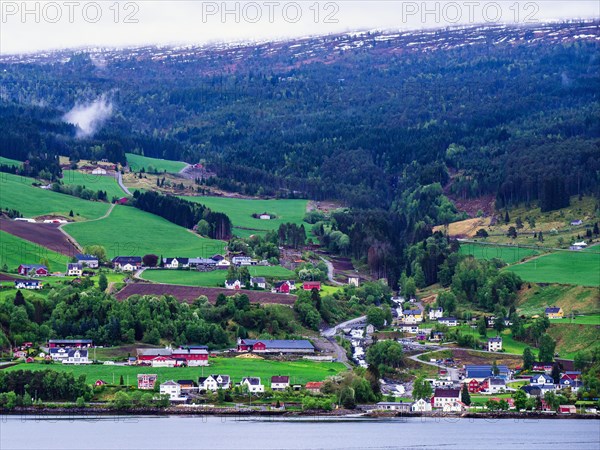 Mountains and Fjord over Norwegian Village, Olden, Innvikfjorden, Norway, Europe