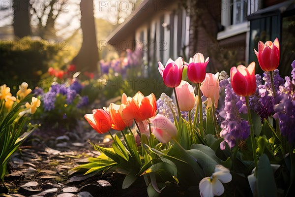 Traditional cottage garden with spring flowers tulips hyacinths pansies in warm morning light, AI generated