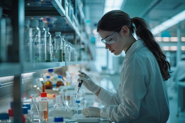 Focused female scientist conducting an experiment in a laboratory with blue lighting, AI generated