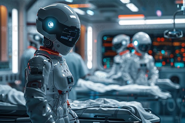 A futuristic astronaut interacting with robots in a high-tech, science fiction environment, AI generated