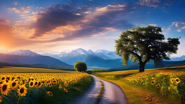 Idyllic countryside road blooming sunflower fields and ancient oak trees bordering in sunset, AI generated