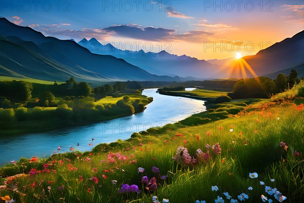 Sunrise illuminating a tranquil river serpentine path through a vibrant green valley, AI generated