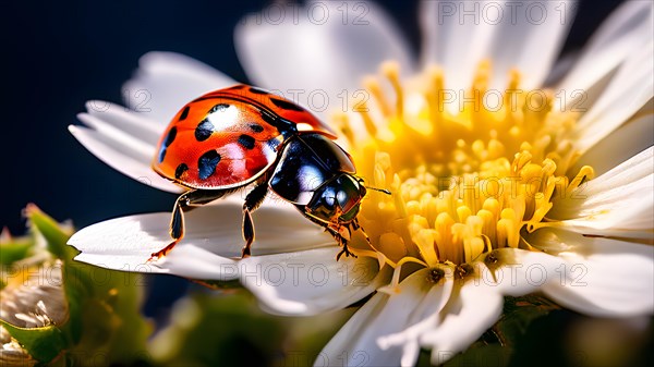 Ladybug ascends daisy petal embodying, AI generated