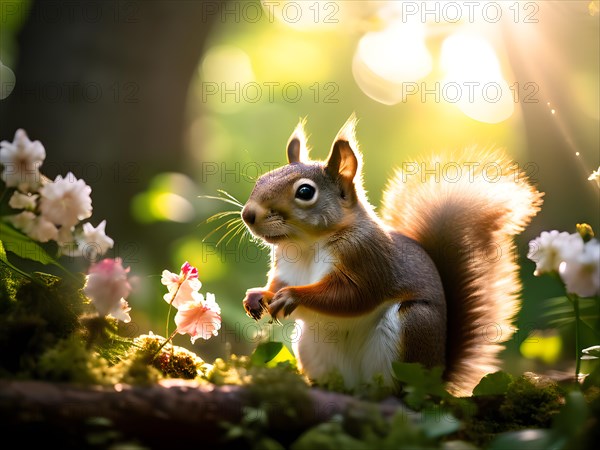 Squirrel engaged in foraging activities amid a verdant summer woodland sunbeams permeating the leaf, AI generated