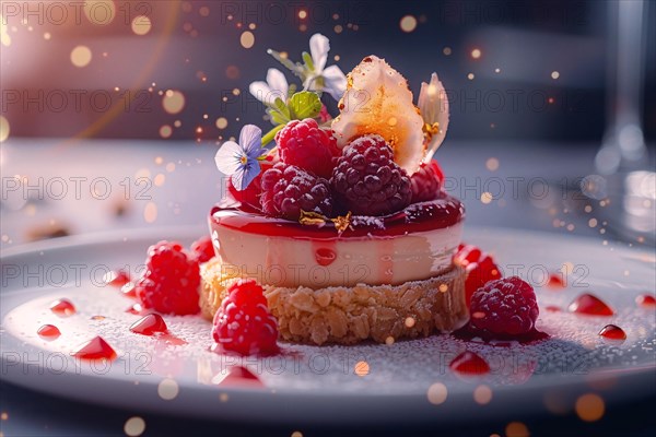 Elegant dessert topped with berries featuring bokeh light effects, AI generated