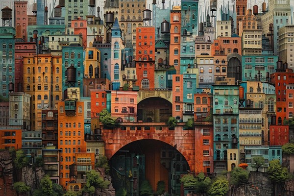 Surreal architectural collage of a densely packed colorful city with imaginative structures, illustration, AI generated