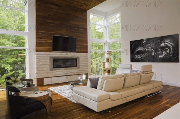 Living room with creamy beige colored L-shaped leather sofa and gas fireplace inside luxurious home, Quebec, Canada, North America