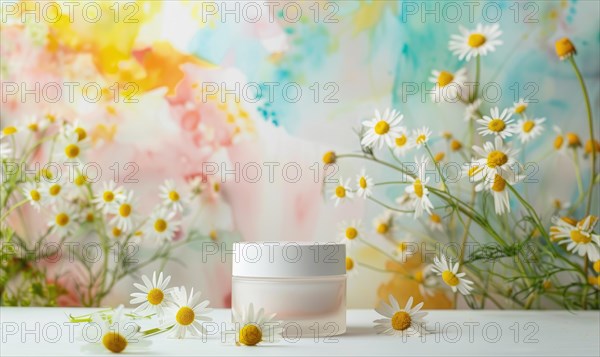 Blank cosmetic jar mockup placed on an elegant watercolor chamomile background, skin care and beauty AI generated