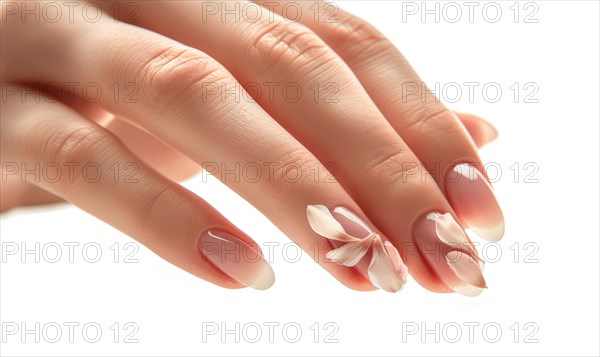 Close-up of a woman's hand with a neutral manicure, adorned with delicate flower petals AI generated