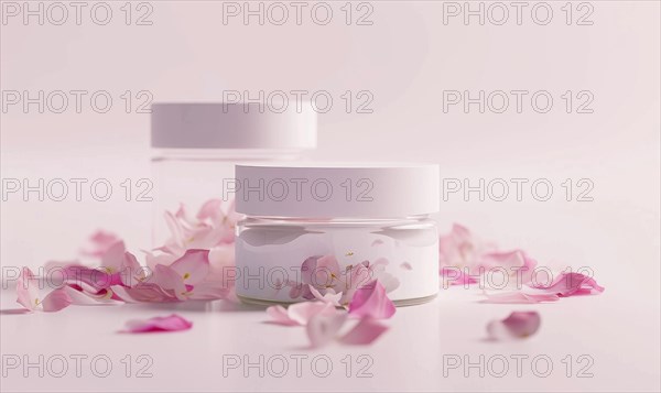 Two creme jar blank mockups adorned with delicate flower petals AI generated