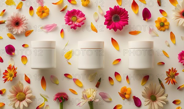 Three creme jar blank mockups nestled amidst delicate flower petals on a white background AI generated