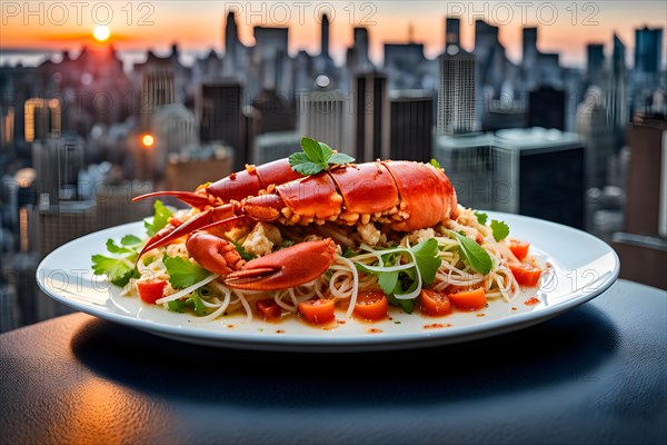 Gourmet lobster salad on a rooftop restaurant table city skyline backdrop, AI generated