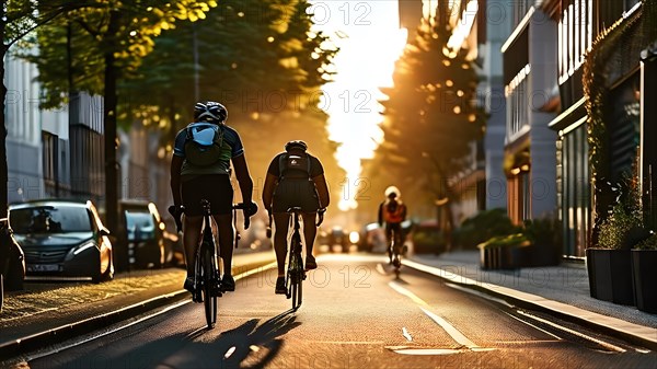 Cyclists moving along an urban avenue advocating for green commuting solutions, AI generated