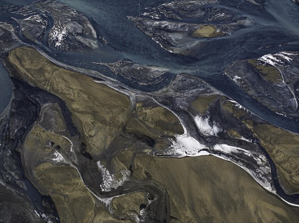 Overgrown river landscape, Eldhraun, near Kirkjubaejarklaustur, drone image, Sudurland, Iceland, Europe