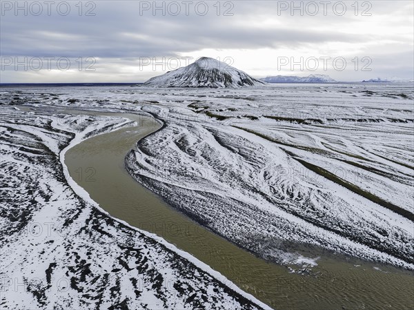 Overgrown river landscape, onset of winter, volcanic hills, Fjallabak Nature Reserve, drone shot, Sudurland, Iceland, Europe