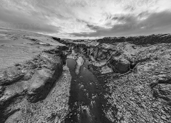 Hrauneyjarfoss waterfalls, drone image, black and white image, Sudurland, Iceland, Europe