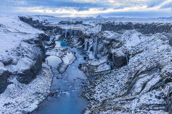 Hrauneyjarfoss waterfalls, onset of winter, Sudurland, Iceland, Europe