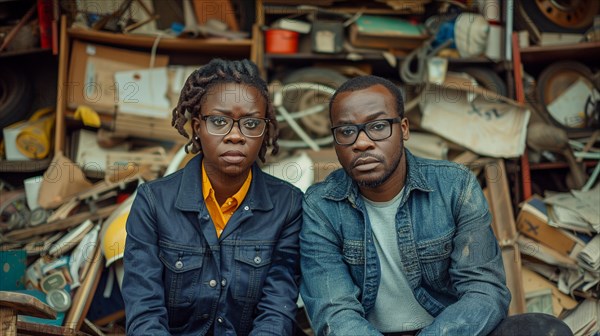Two african people with serious expressions standing in front of a cluttered indoor background, AI generated