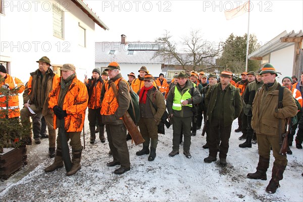 Hunting wild boar (Sus scrofa) Hunters listen to the master's speech in front of the hunt begins, Allgaeu, Bavaria, Germany, Europe