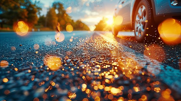 Shimmering wet road with car at sunset and blurred light reflections, bokeh and flare effect, AI generated