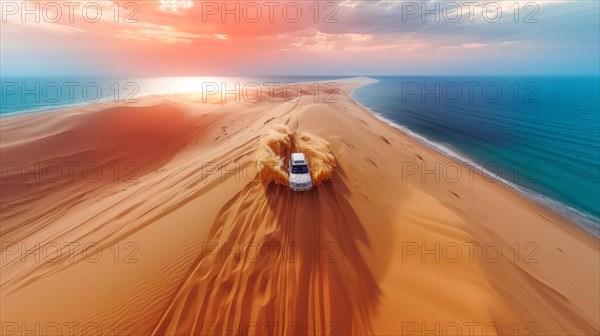 A drone captures a vehicle traversing the boundary of vast coastal dunes in a natural peninsula, near the ocean, ai generated, AI generated