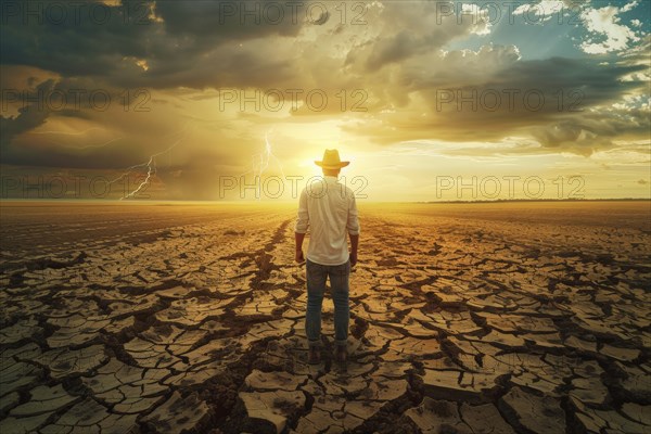 A farmer stands on a parched, cracked earth surface on the horizon a storm with heavy rain is approaching, symbolic image for water shortage, drought, extreme weather conditions, climate crisis, climate change, global warming, crop failure, crop failures, AI generated, AI generated, AI generated