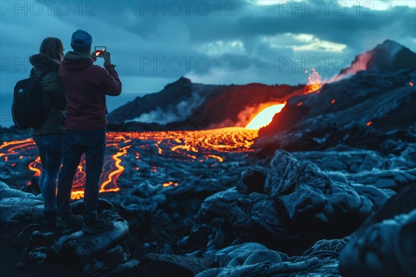 Tourists, onlookers photograph a spectacular volcanic landscape with liquid, partially cooled lava flows with their smartphones, symbolic image for volcano tourism, disaster tourism, travel trends and the associated dangers, AI generated, AI generated, AI generated