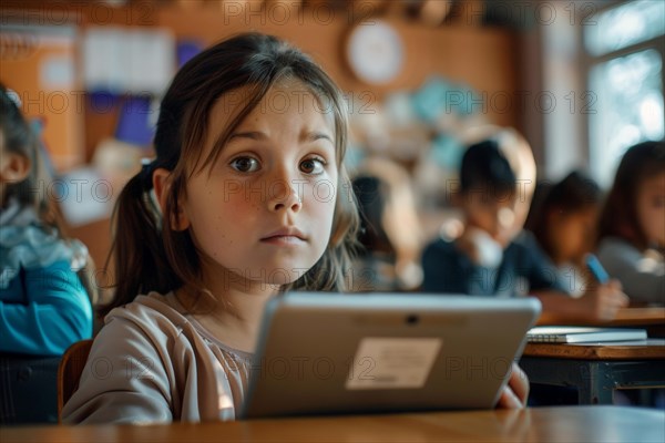 A pre-school girl sits in the classroom with a digital tablet and looks attentively into the camera, symbol image, digital teaching, learning environment, media skills, eLearning, media education, AI generated, AI generiert, AI generated
