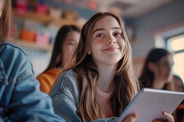 A schoolgirl, teenager sits with a digital tablet in the classroom, symbolic image, digital teaching, learning environment, media literacy, eLearning, media education, AI generated, AI generated