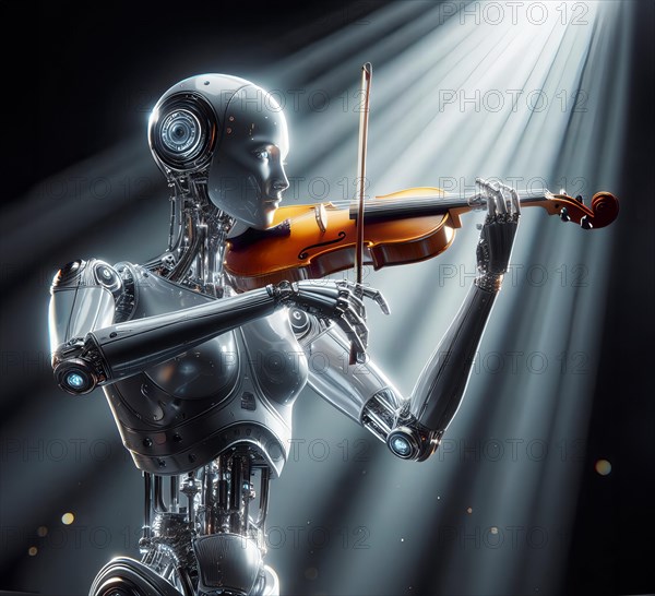 A humanoid robot stands in a concert hall and plays classical music with a violin, symbolic image cybernetics, science fiction, technology, art AI generated, AI generated