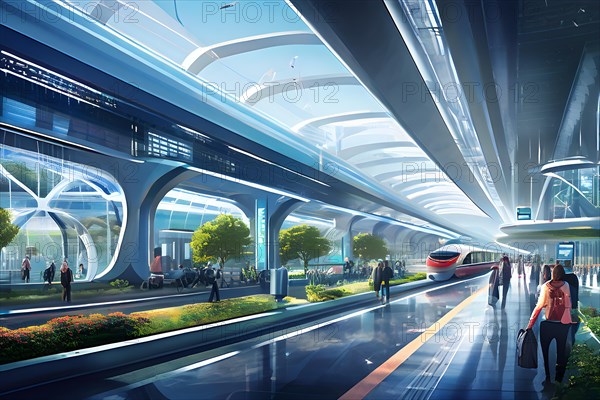 Conceptual digital rendering featuring a seamless transportation hub convergence of autonomous trains, AI generated