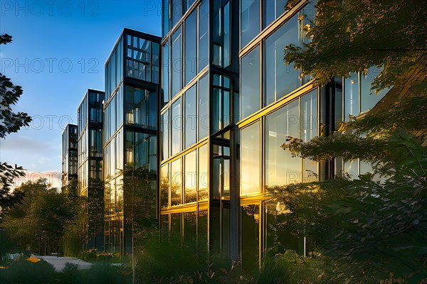 Glass windows on a building individually adjusting transparency for energy conservation, AI generated