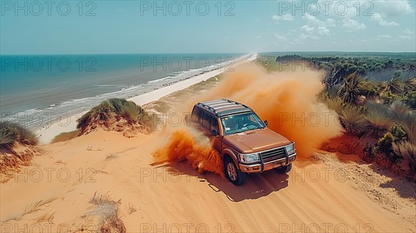 A vehicle driving fast on a coastal dune emitting a large orange sand cloud, action sports photography, AI generated