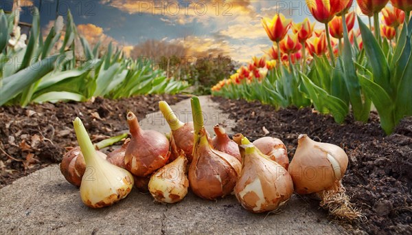 Tulip bulbs on the garden floor, AI generated, AI generated