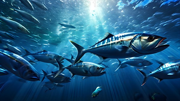 Mackerel iridescent bodies glinting rapid directional to escape predators, AI generated