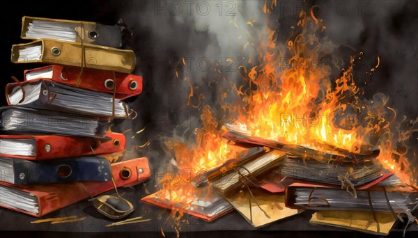 Several folders burning in a powerful fire with rising flames, symbol bureaucracy, AI generated, AI generated
