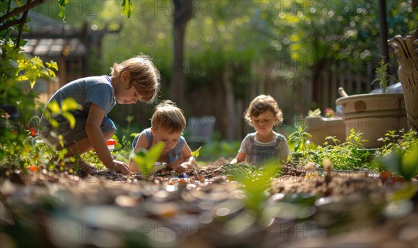 Three children are engaged in gardening, surrounded by lush greenery and bathed in sunlight AI generated